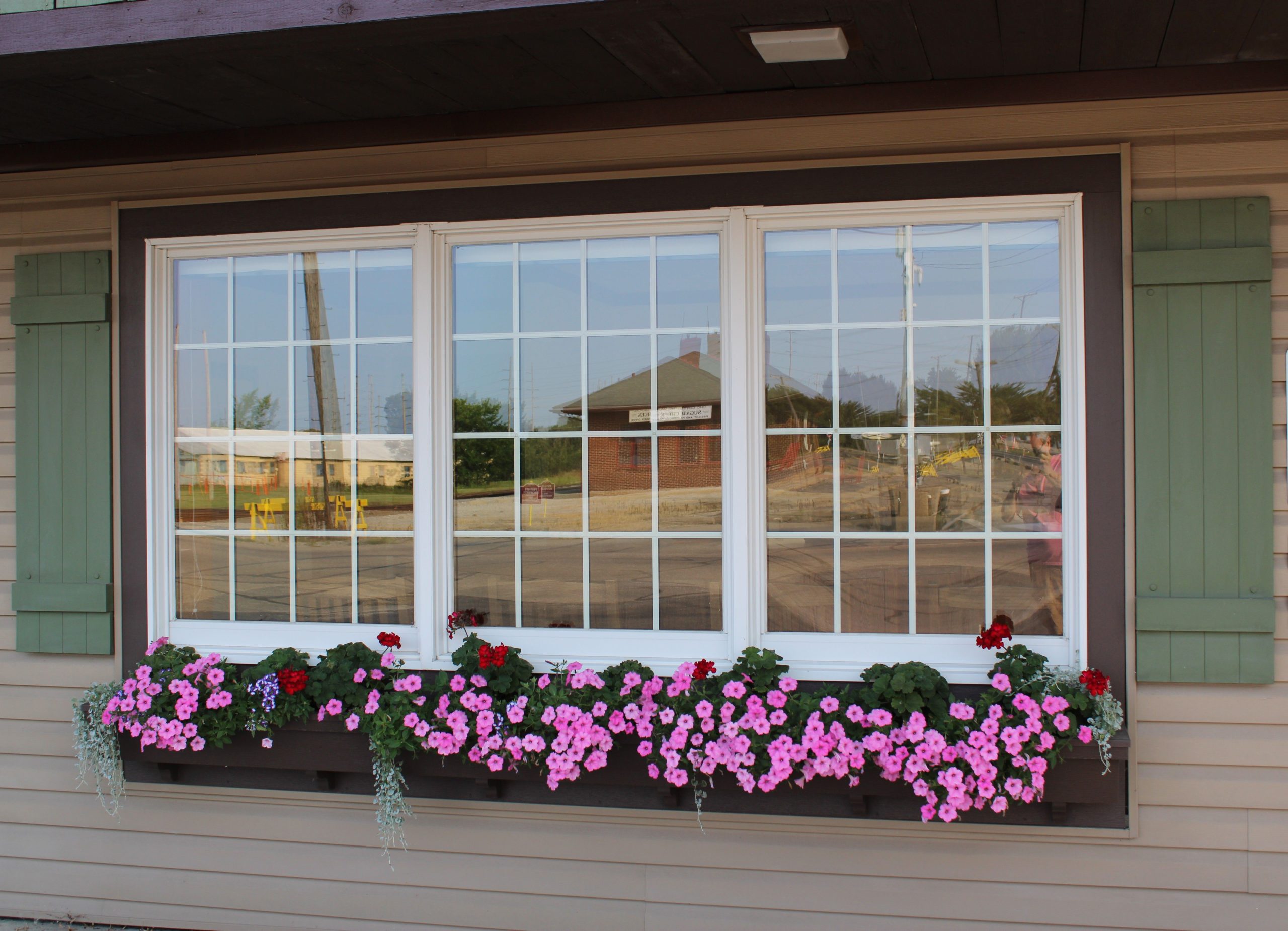 Window box filled with vibrant pink petunias in a quaint village setting, reflecting a rural landscape.